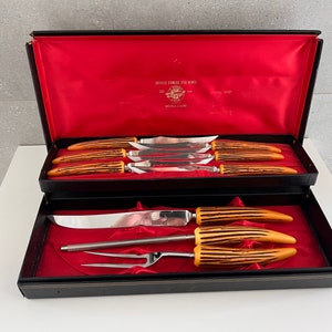 Vintage SHEFFIELD CARVING SET, E. Parker & Sons, Stainless Steel Blades Faux Bone Handles, Carving Knife Fork Sharpener + 6 Steak Knives