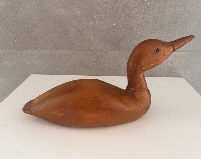 Vintage SOLID WOOD DUCK Decoy, Hand Carved Antique Duck Decoy, Glass Eyes, Cottage Cabin Lake