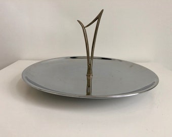 Vintage MID-CENTURY KROMEX Serving Dish, Large Kromex Chrome Party Platter, 12.5-Inch 'Tidbit' Tray, Atomic Design, Round Single Tier Tray