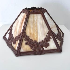 Vintage Art Nouveau Slag Glass Lamp Shade: Caramel Filigree, 6-Panel