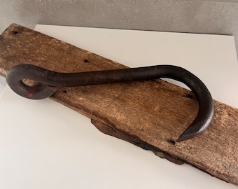 Vintage HUGE IRON HOOK! 16" Heavy Cast Iron Hand-Forged Hook, Early 1900s, Barn Hook, Rusted Primitive Hook, Farmhouse Rustic Decor