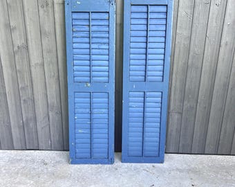 Antique Blue Wood Shutter, Chippy Paint, Farmhouse Decor, Salvaged Louvered Door
