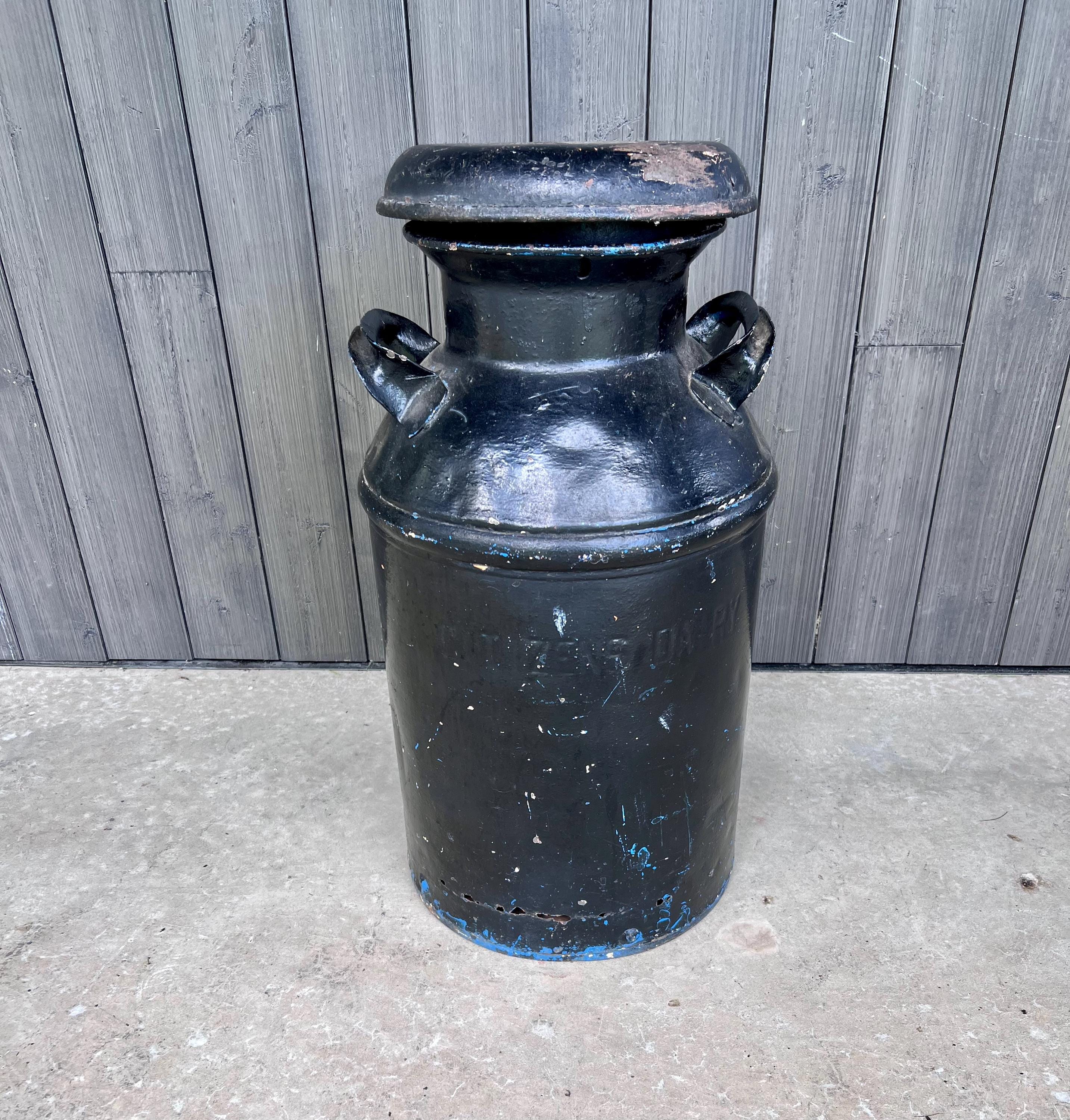 Antique Black Milk Can, Citizen's Dairy, Farmhouse Porch Decor