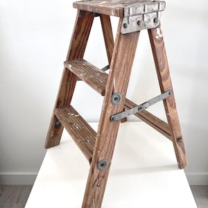 Vintage Rustic WOODEN STEP LADDER,  2-Step Folding Ladder/Step Stool, Small Shabby Wooden Step Ladder, Folding Step Stool Rustic Plant Stand