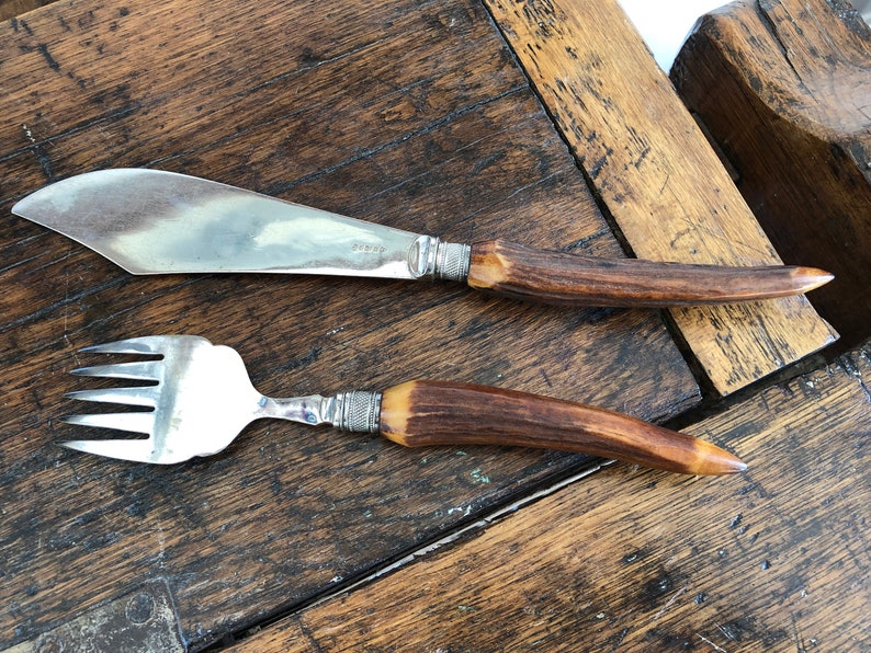 Vintage fish server set bone antler handles hand engraved etsy