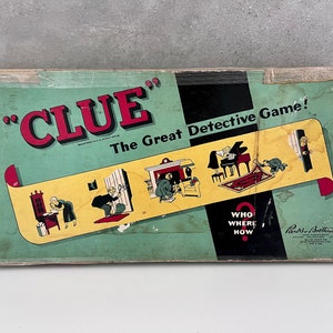 JEU D'INDICATION vintage des années 1950, jeu de société vieux de près de 75 ans, Parker Brothers, excellent jeu de détective - qui, où comment ? Plateau de jeu vintage et cartes indices