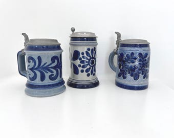 Vintage GERMAN BEER STEINS, Your Choice! West Germany Stoneware Hand Painted Blue & Gray Beer Steins, Hinged Lids, Retro Barware