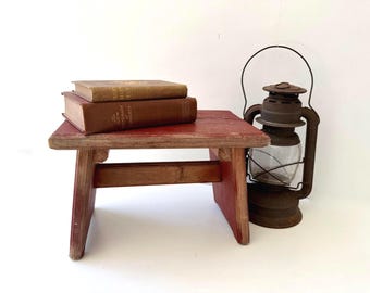 Vintage Red Painted Milking Stool | Rustic Farmhouse Wooden Stool | Primitive Bench
