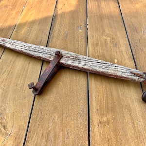 Vintage RUSTIC WOOD YOKE, Antique Harness Gear, Old Red Paint, Wagon Gear, Weathered Whiffletree, Whippletree, Hand-Forged Iron Farm Salvage