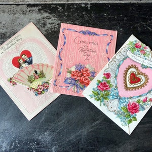 Vintage 3 cartes de Saint-Valentin des années 30, poinçon de marque, cartes fabriquées au Canada, à ma chérie, fans de coeurs de fleurs, cartes de Saint-Valentin anciennes