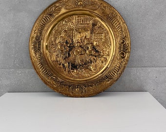 Vintage Hammered Brass Plate: English Pub Scene Wall Decor