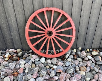 Vintage Early 1900s CARRIAGE WAGON WHEEL, 25" Red Mid-Size Wood Wheel Antique Carriage / Cart Wheel, Rustic Farmhouse Decor, Christmas Decor