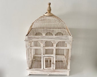 Vintage Large! WHITE WOOD BIRD Cage, White Chippy Paint, Wood & Metal Wire Birdcage, Wedding Decor, Card Holder, Victorian Style Bird Cage