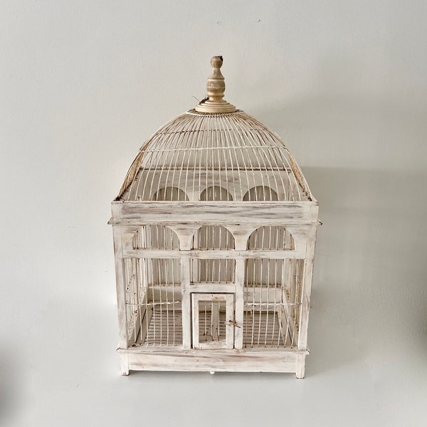 Vintage Large! WHITE WOOD BIRD Cage, White Chippy Paint, Wood & Metal Wire Birdcage, Wedding Decor, Card Holder, Victorian Style Bird Cage