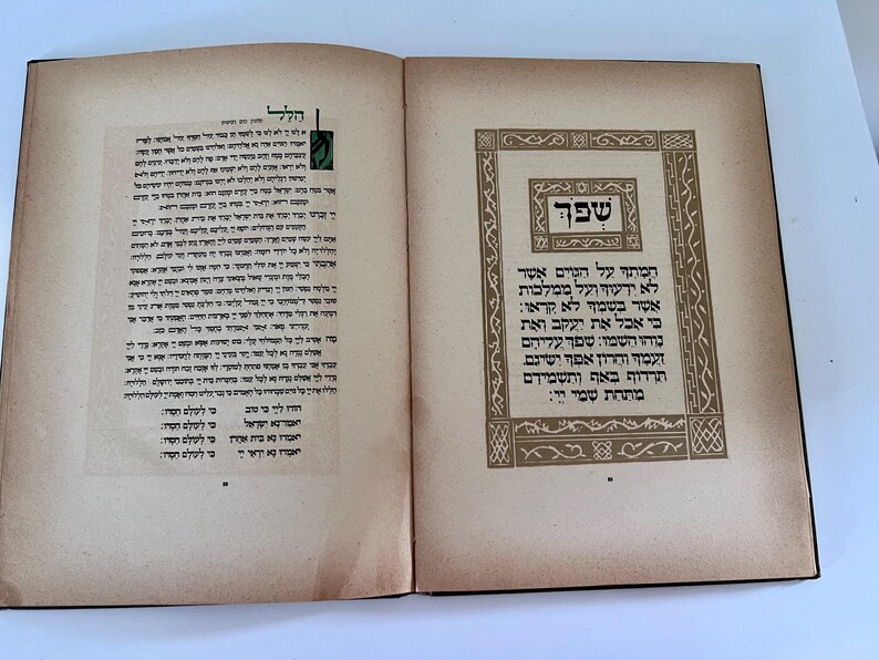 Puede incluir: Un libro abierto con texto hebreo en ambas p&aacute;ginas. La p&aacute;gina izquierda tiene una ilustraci&oacute;n verde y la p&aacute;gina derecha tiene un borde decorativo alrededor de una secci&oacute;n de texto. El texto en la p&aacute;gina derecha incluye la palabra "שפך" en un cuadro decorativo.