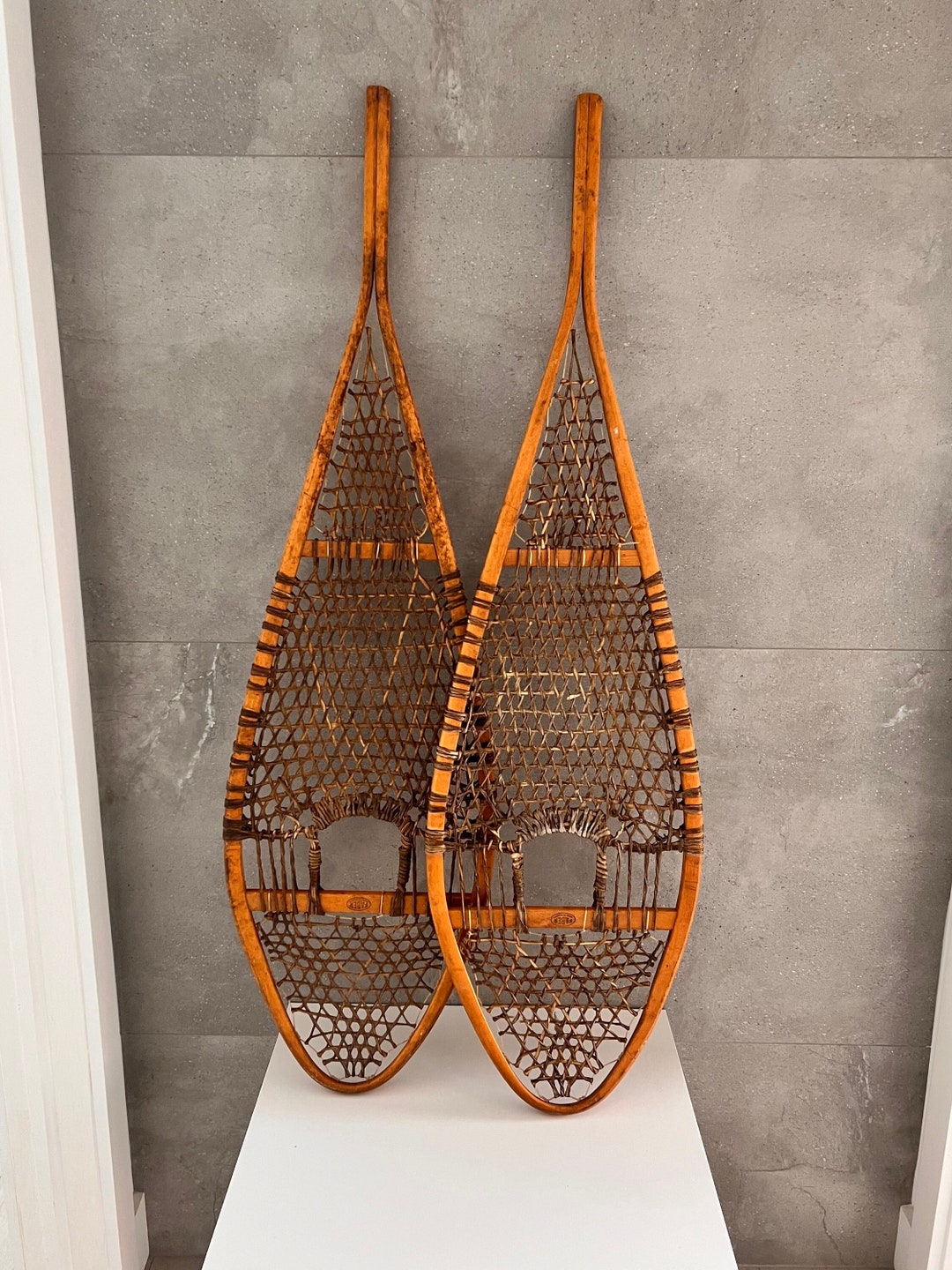Vintage Large WOOD & RAWHIDE SNOWSHOES, 48 Faber Snowshoes, Wood Frames