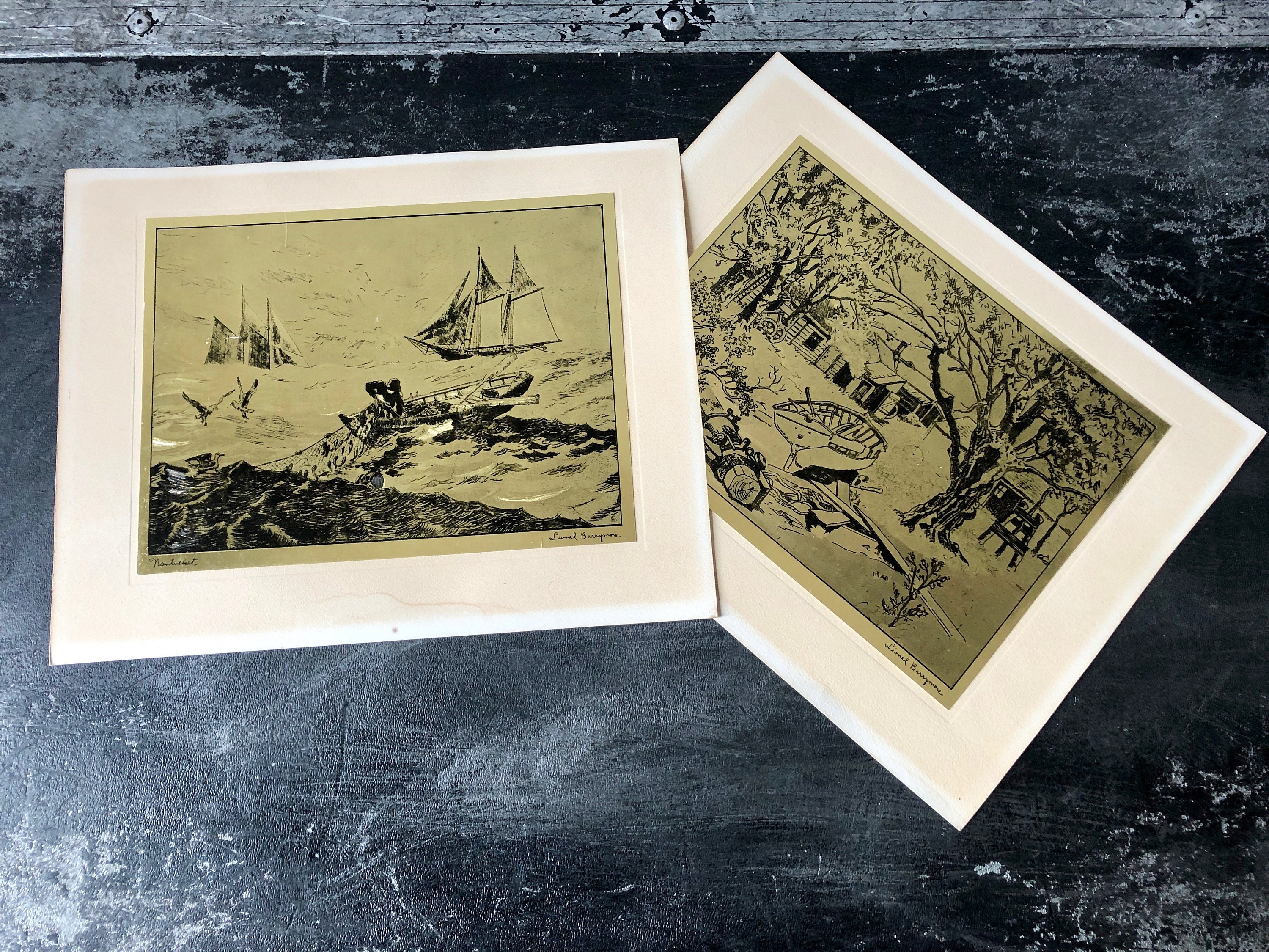 Vintage 2 LIONEL BARRYMORE GOLD Foil Etchings, Pair of Unframed 1940s  Nautical Themed Etchings, Nantucket and Shoreside Farm, Gold Black Art -  Etsy