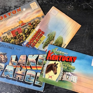 DOSSIERS DE VOYAGE EN LIN vintage, cartes postales souvenirs des années 1930, au choix, photos souvenirs de style accordéon, éphémères de voyage, Kentucky Boston Tahoe