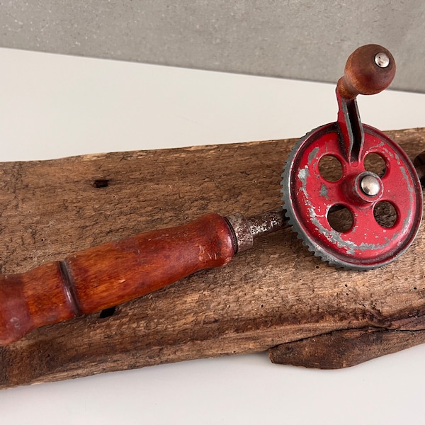 Vintage Red HAND CRANK DRILL, Wood Crank Handle, Antique Drill, Red Hand Drill, Chippy Paint Rusted Old Carpentry Tool, Carpenter Gift