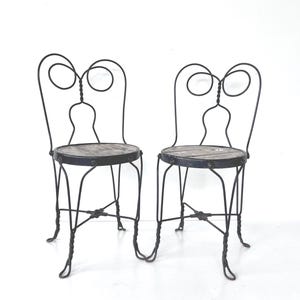 Pair (2) Antique ICE CREAM PARLOR Chairs, Twisted Iron Bistro Cafe Seating, Early 1900s Curlicue Back, French Country Farmhouse Shabby Chic