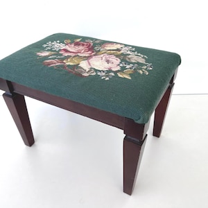 Vintage FLORAL NEEDLEPOINT FOOTSTOOL, Floral Rose Pattern on Deep Green, Dark Wood Legs, 1950s–70s, English Country Style Cottagecore Accent