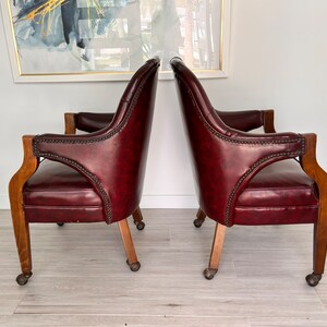 Vintage Leather LIBRARY DESK CHAIR, Red /Maroon Tufted Leather Chair on Brass Castors, Barrel Style Buttoned Club Chair Brass Nail Heads