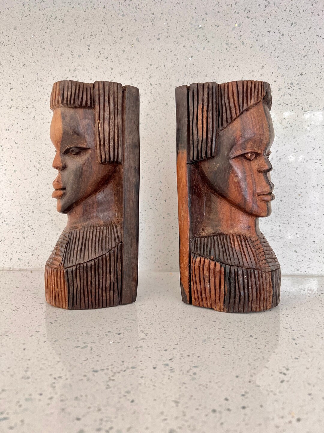 Vintage HAND CARVED AFRICAN Bookends, Carved Wood Pair of Bookends