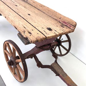 Antique Late 1800s WOOD FARM WAGON, Old Hand Cart, Spoked Wheels & Faded Red Paint, Rustic Garden Decor Piece, Farm Salvage, Film Photo Prop