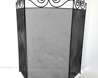 Vintage 1970s Fireplace Screen, Folding Mesh Iron Scroll Top, Adjustable Fireguard Panels