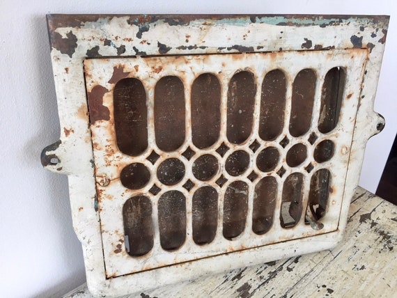 Vintage Iron Furnace Grate Restoration Furnace Grate Shabby Chic White Register Plate Floor Heater Grate Architectural Salvage Chippy