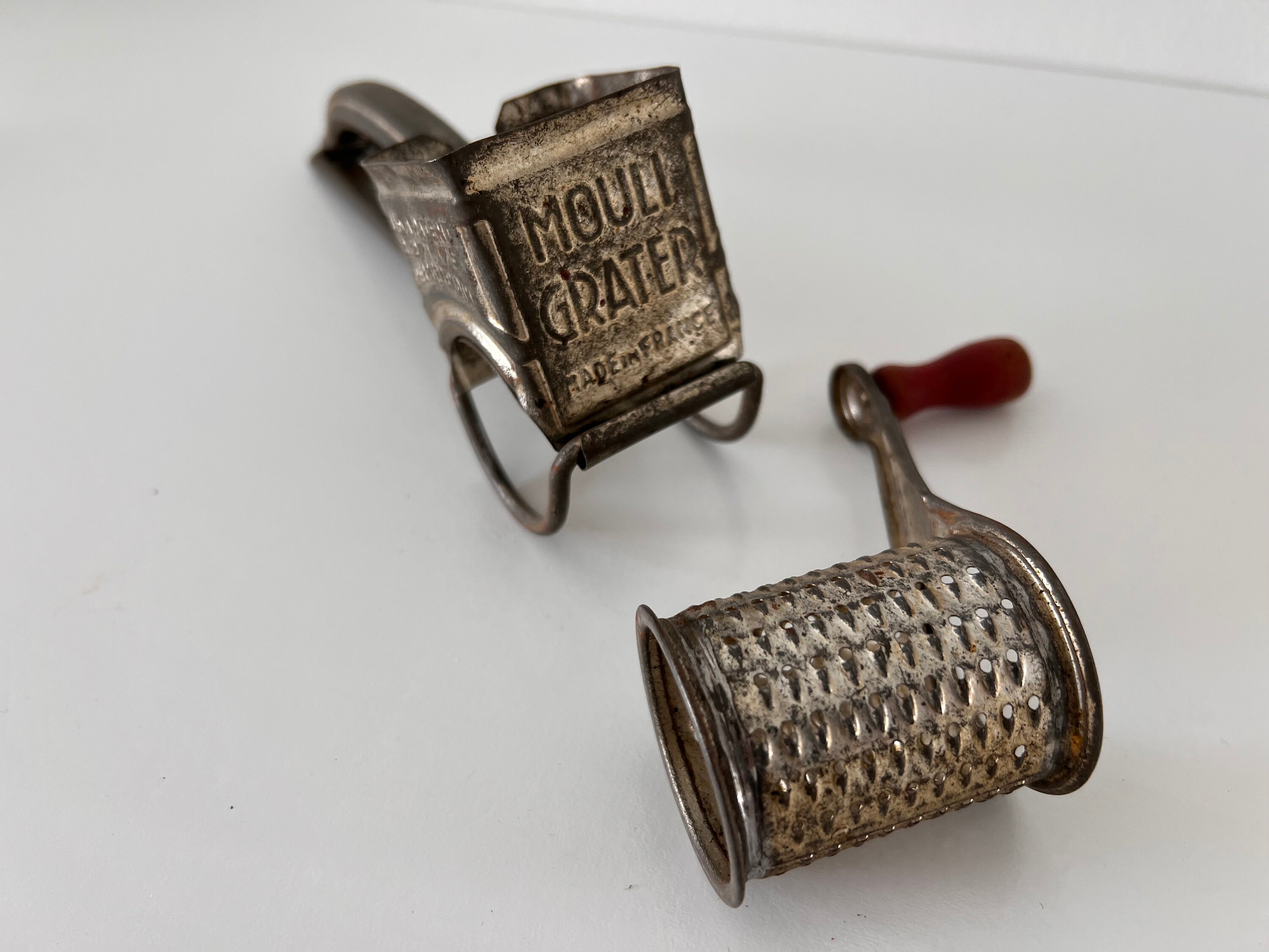 Vintage Mouli Hand Crank Metal Cheese Grater Red Wood Handle Made in France