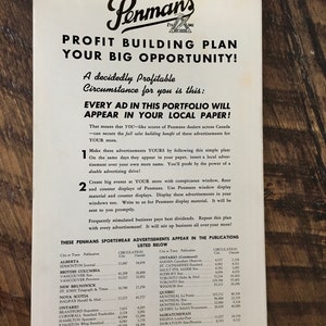 K&ouml;nnte beinhalten: Eine schwarz-wei&szlig;e Seite aus einem Penmans-Sportbekleidungskatalog. Die Seite zeigt einen Plan zum Aufbau von Gewinnen f&uuml;r Einzelh&auml;ndler. Der Plan umfasst eine Liste kanadischer St&auml;dte und die Auflage lokaler Zeitungen in jeder Stadt. Der Text lautet "Profit Building Plan Your Big Opportunity!"
