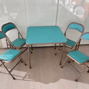 Vintage 1950s FOLDING TABLE CHAIRS By Sears Furniture 5 Piece Turquoise Mid Century Folding Card Table and Chairs Upholstered Table Top