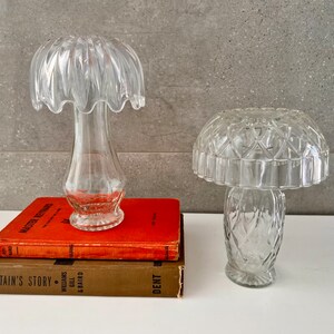 Vintage 2 CUT GLASS MUSHROOMS, Pair of Tall Clear Glass Mushrooms, Whimsical Garden Mushrooms, Home Decor, Patio Garden Decor, Antique Glass