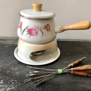 Vintage FLORAL FONDUE SET, Enamel Fondue Set with Fondue Pot with Wood Handle and Stand, Burner, Fondue Skewers, White w/ Pink Floral Design