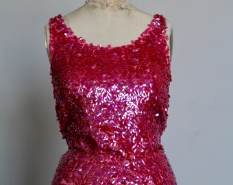 1950s 1960s Jo-Ro Imports Pink Sequined Wool Tank Blouse Zipper Sleeveless M