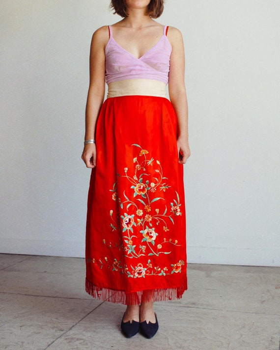 Antique Chinese Red Silk Embroidered Robe Skirt -