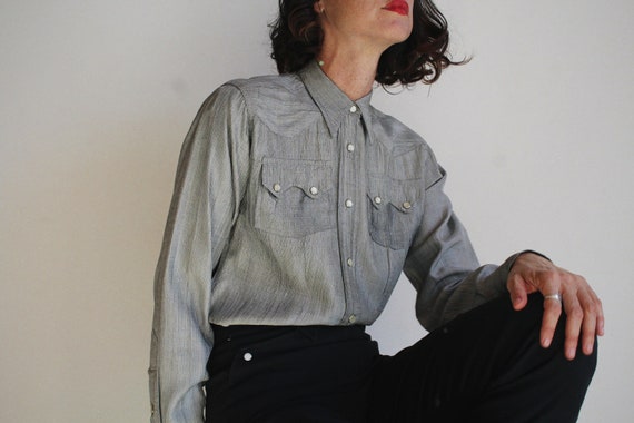 1950s Silver Western Pearl Snap Button Up - Vintag