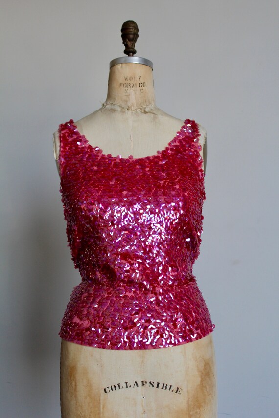 1950s 1960s Jo-Ro Imports Pink Sequined Wool Tank 