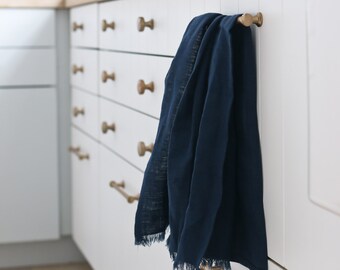 MOONSTONE Pure Linen Tea Towel - 100% linen kitchen towel, flax linen, navy blue tea towel, frayed linen dish towel, handmade tea towel