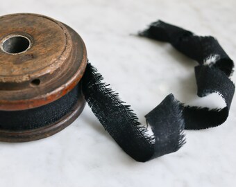 BLACK AS NIGHT - Linen ribbon, 100% pure linen with rustic frayed edging, 1", 2", 3" ribbon, black fabric ribbon for weddings, gifts florals