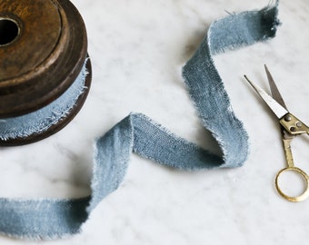 STONE BLUE - Linen ribbon, 100% pure linen with rustic frayed edging, 1", 2", 3" ribbon, fabric ribbon for weddings, gifts, hair, florals