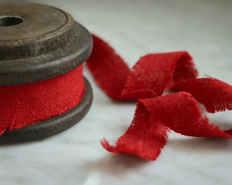 CHRISTMAS RED - Linen ribbon, 100% pure linen with rustic frayed edging, 1", 2", 3" ribbon, RED fabric ribbon for weddings gifts florals
