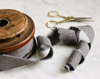 PEWTER - Linen ribbon, 100% pure linen with rustic frayed edging, 1", 2", 3" ribbon, fabric ribbon for weddings, gifts, hair, florals