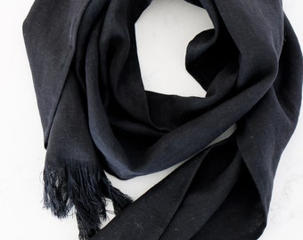 Pure Linen Handmade Scarf - color "BLACK AS NIGHT" - softened finish, Long Linen Scarf, Women's and Men's Scarf, Linen Scarves, Black Scarf