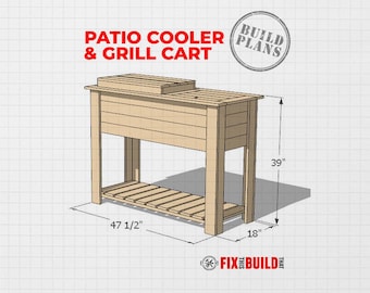 May include: A wooden patio cooler and grill cart with a slatted lower shelf, featuring dimensions of 47 1/2 inches wide, 18 inches deep, and 39 inches high. The design includes a rectangular top lid and is labeled as PATIO COOLER & GRILL CART.