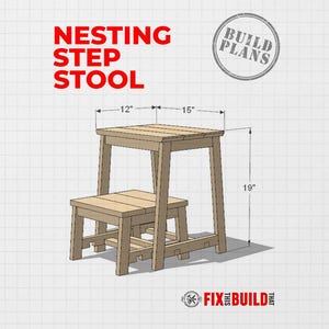 May include: A light-colored wooden nesting step stool with a two-tier design. The graphic includes the text Nesting Step Stool, Build Plans, and Fix This Build That. Dimensions are labeled as 12 inches, 15 inches, and 19 inches on the diagram.
