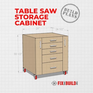 Op de afbeelding: Een lichtbruine houten opbergkast voor een tafelzaag met vijf lades, zilveren handgrepen en rode wielen. De tekst luidt TABLE SAW STORAGE CABINET, BUILD PLANS en FIX THIS BUILD THAT. De afmetingen zijn 28, 24,5 en 30,5 inch.