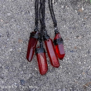 RED CRYSTAL QUARTZ Point Necklace, Wire Wrapped Crystal, Gemstone Pendant, Crystal Quartz Point, Altar Tool, Crystal Quartz, Black Necklace