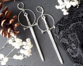 Gothic Sword Dangle Earrings, Sterling Silver Ring, Statement Jewelry